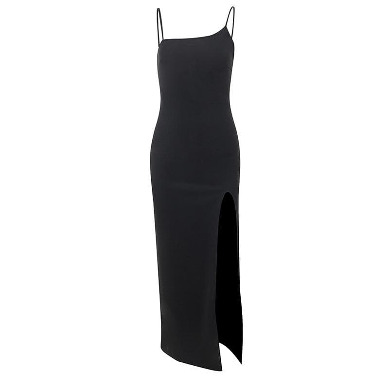 Zip Front Asymmetric Spaghetti Strap Side Slit Bodycon Midi Dress