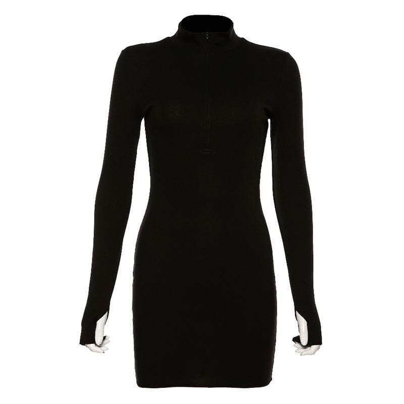 Mock Neck Quarter Zip Thumbhole Long Sleeve Bodycon Mini Dress