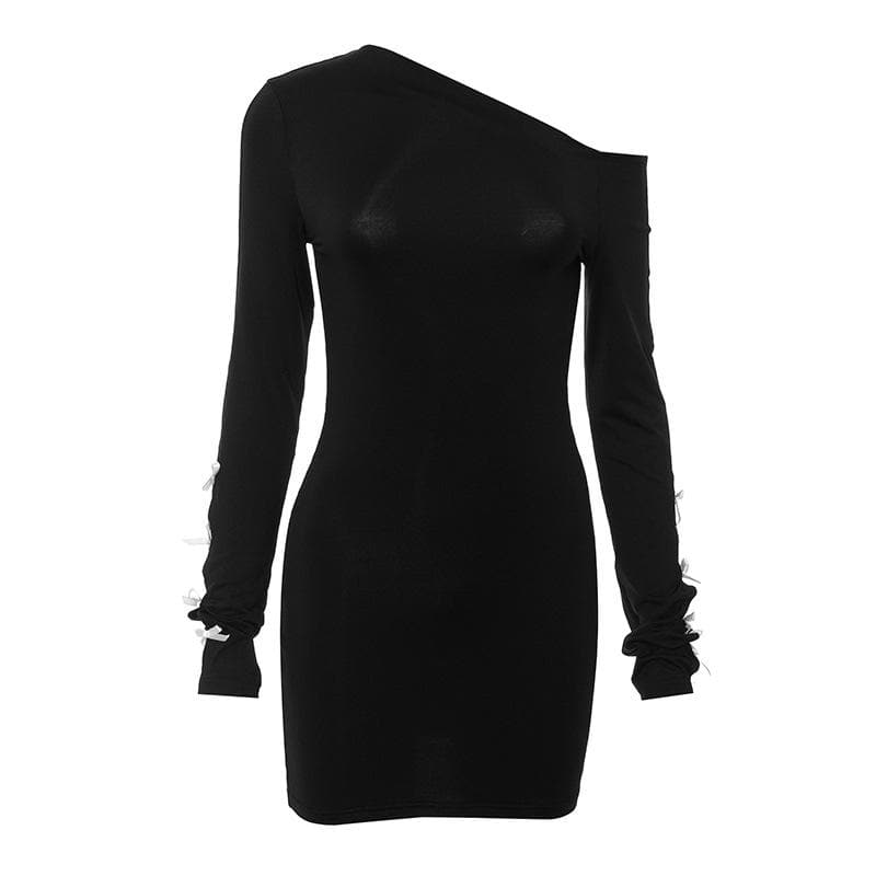 One Shoulder Bow Tie Slit Sleeve Long Sleeve Hollow Out Mini Dress 2