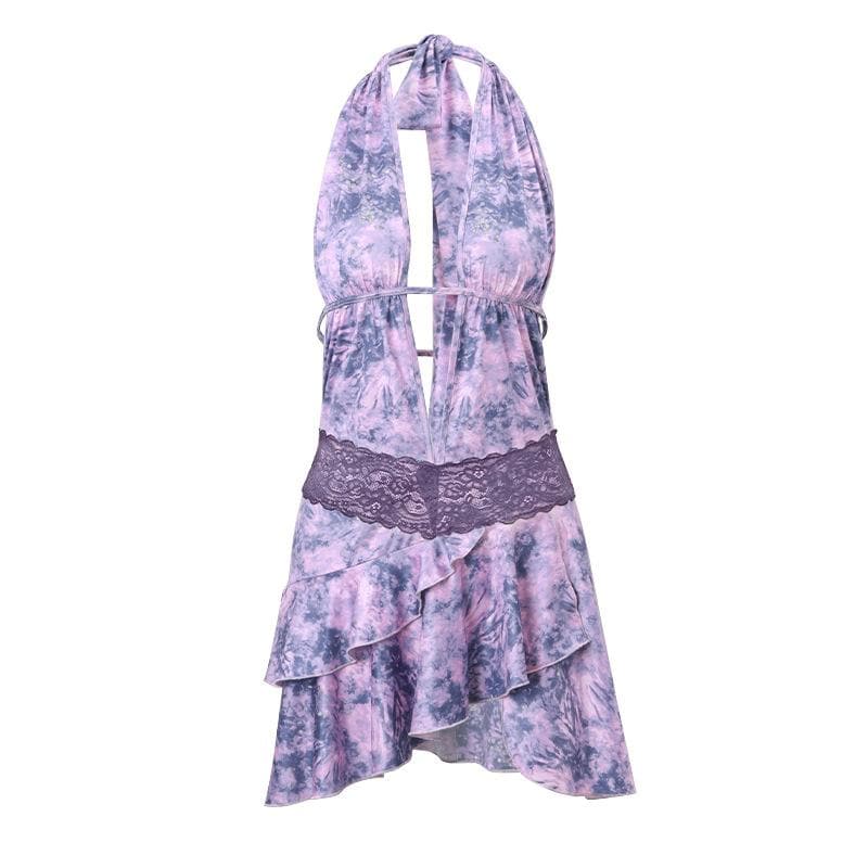 Halter Deep V Neck Lace Waist Ruffle Skirt Tie Dye Mini Dress 2