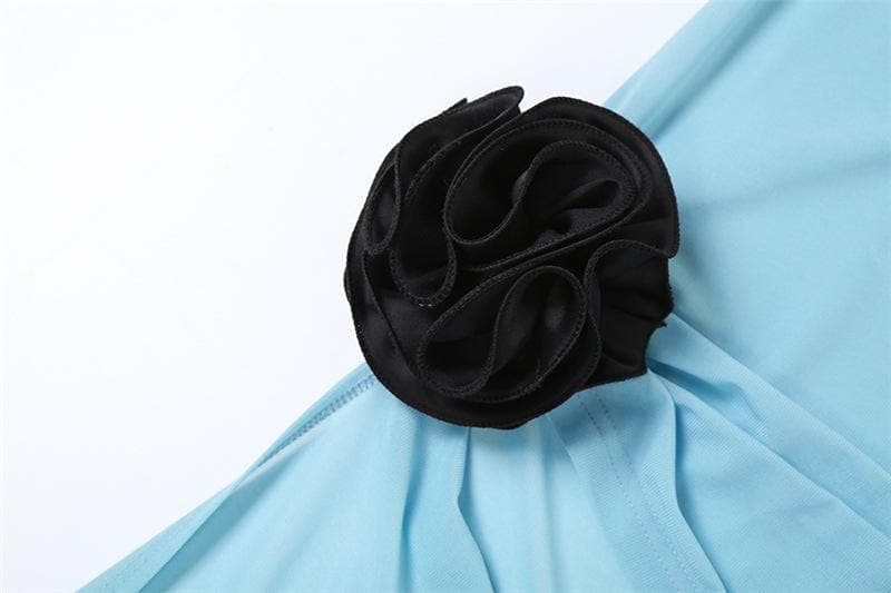 Halter Deep V-Neck Lace Waistband Flower Applique High-Low Train Maxi Dress 6