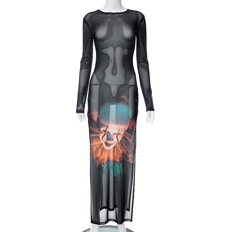 Pennywise Clown Graphic Print Sheer Mesh Long Sleeve Crew Neck Maxi Dress 9