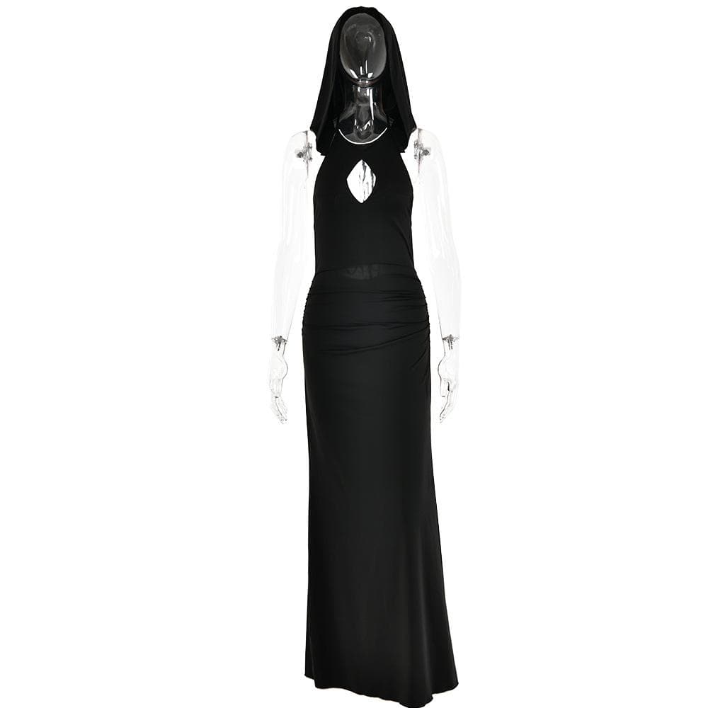Hooded Halter Keyhole Sleeveless Ruched Hip Maxi Dress 5