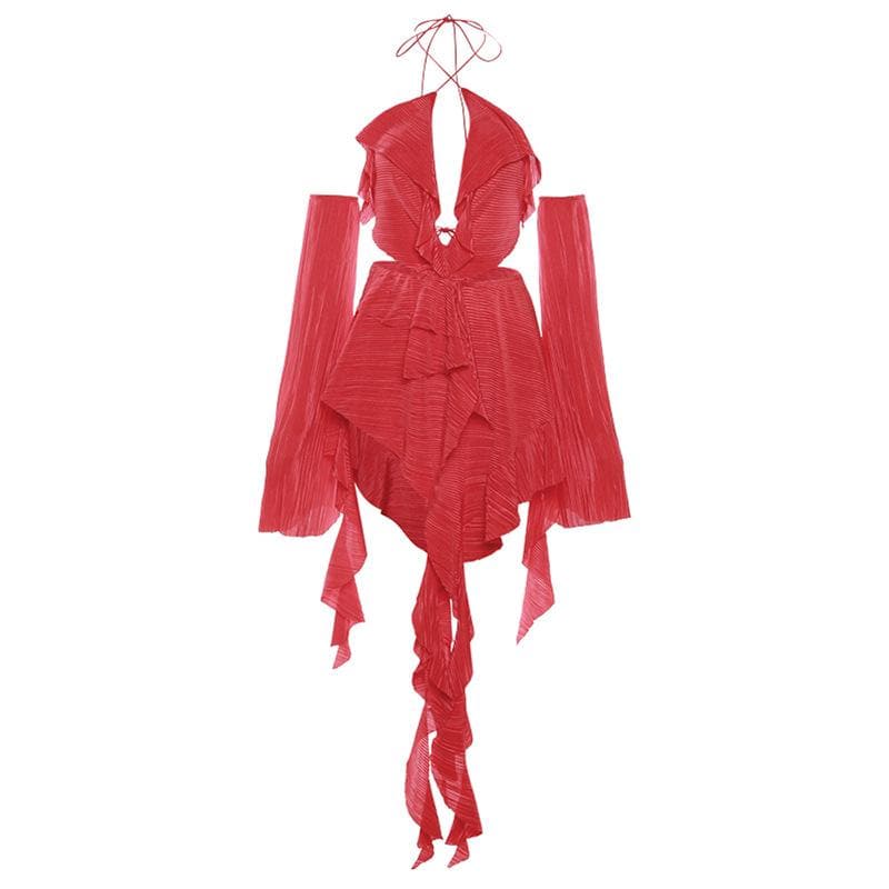 Halter V-Neck Pleated Cutout Bell Sleeve Ruffle Romper 2