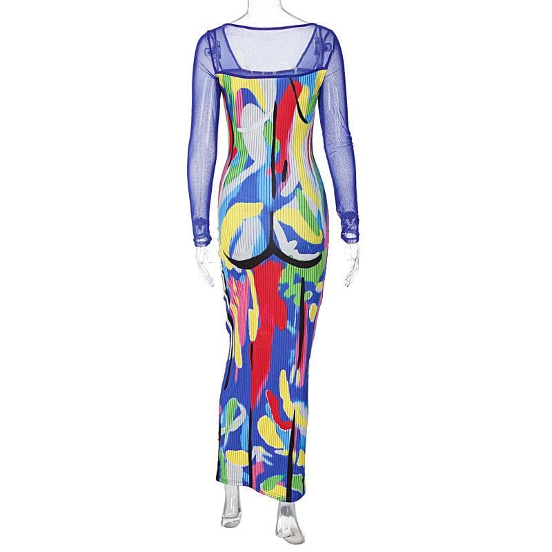 Square Neck Long Sleeve Abstract Face Print Mesh Sleeve Bodycon Maxi Dress 5