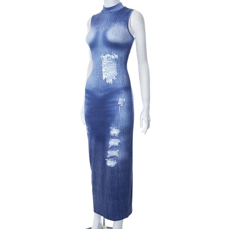 Mock Neck Distressed Faux Denim Print Bodycon Maxi Dress 4