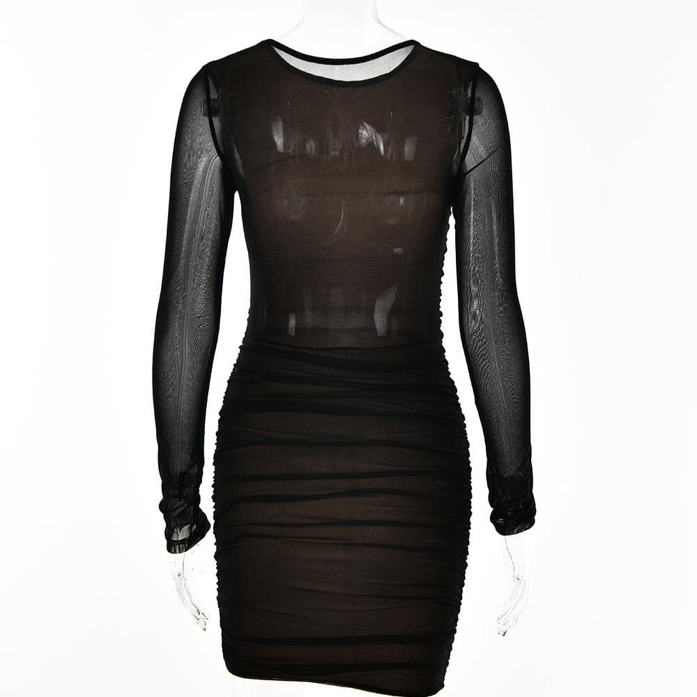 Crew Neck Sheer Mesh Long Sleeve Horizontal Ruched Bodycon Mini Dress 5