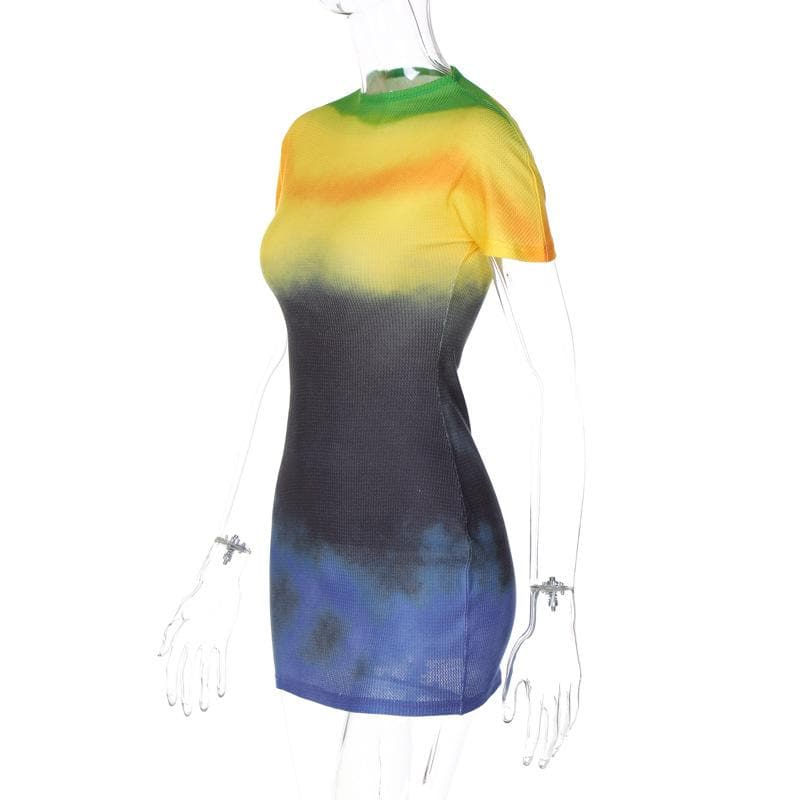Ribbed Knit Tie Dye Gradient Mock Neck Short Sleeve Mini Dress 4