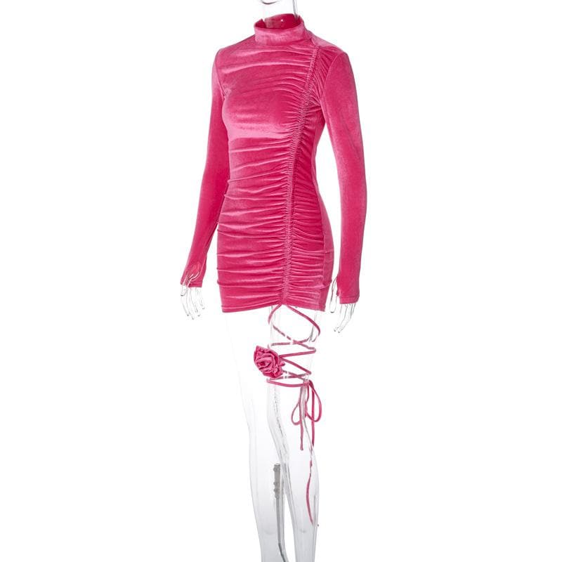 Mock Neck Velvet Ruched Side Flower Applique Cord Trim Mini Dress 3