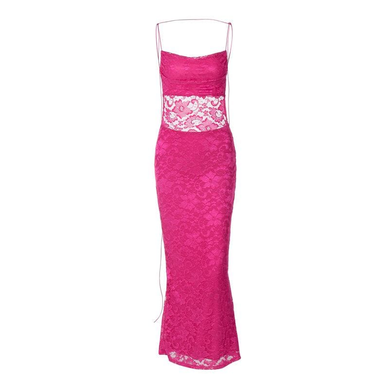 Floral Lace Spaghetti Strap Sheer Midriff Bodycon Maxi Dress 2