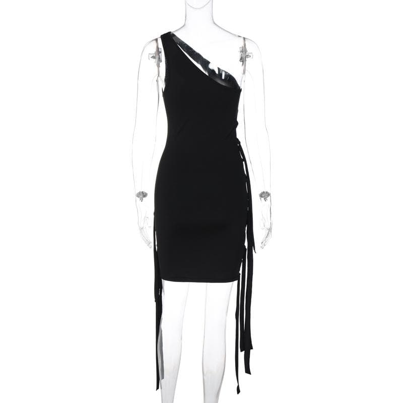 One Shoulder Bandage Lace Up Ribbon Strap Tassel Hem Mini Dress 4