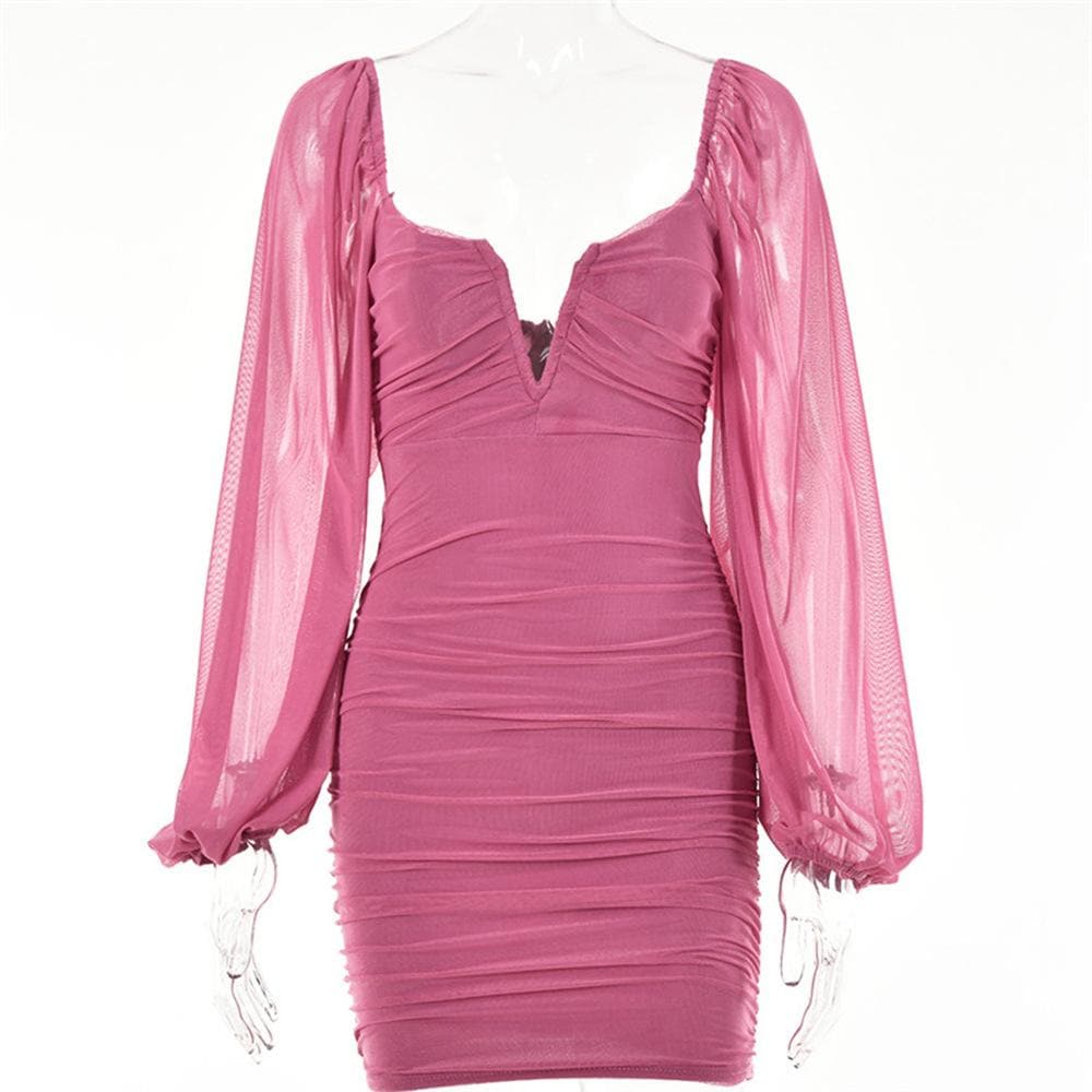 Strapless V-Notch Off Shoulder Puff Sleeve Ruched Mesh Mini Dress 3