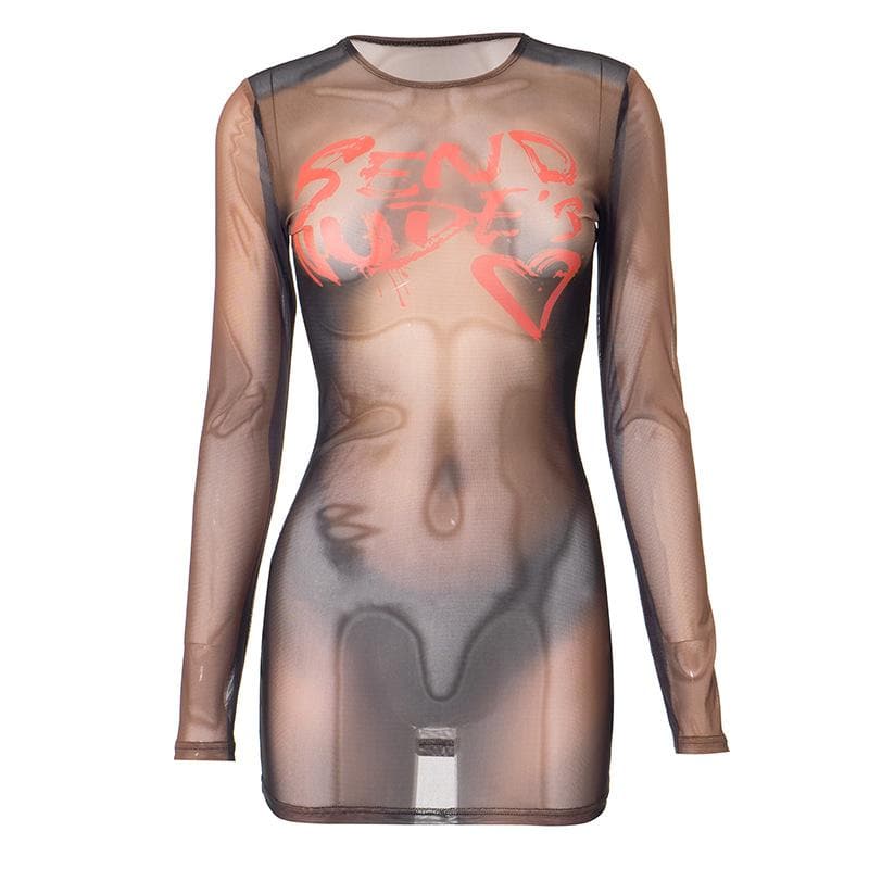 Crew Neck Long Sleeve Sheer Mesh Body Print Graphic Mini Dress