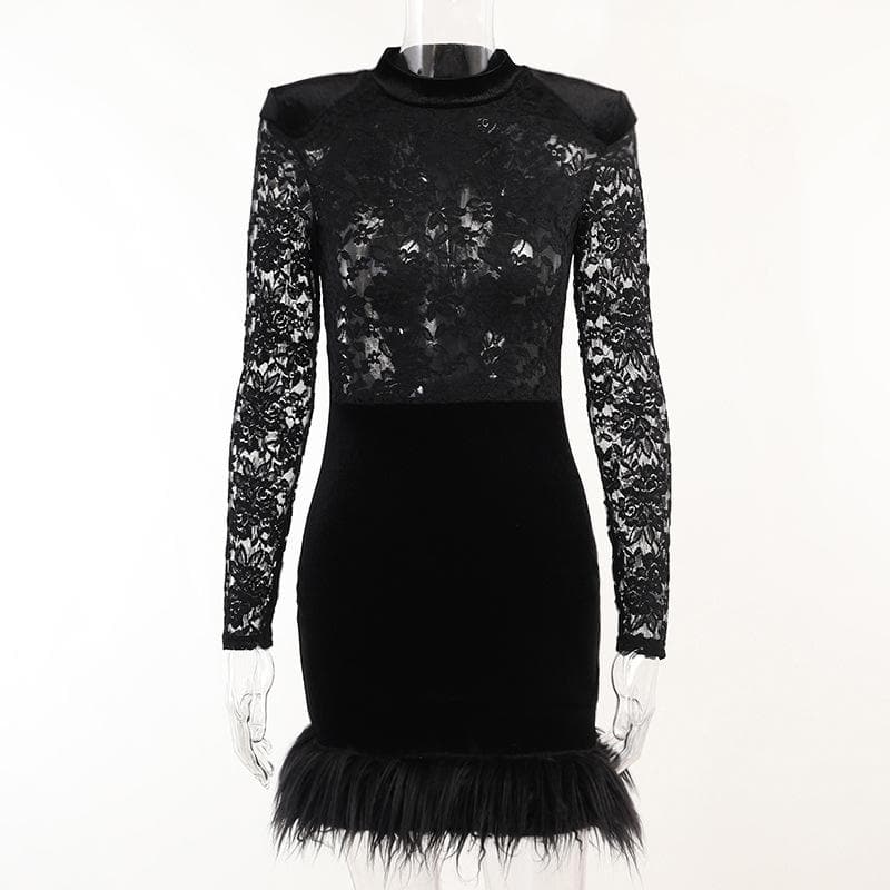 Mock Neck Floral Lace Long Sleeve Velvet Skirt Feather Trim Mini Dress 2