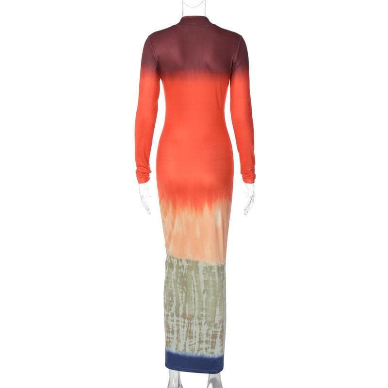 Tie Dye Print Mock Neck Long Sleeve Bodycon Maxi Dress 4