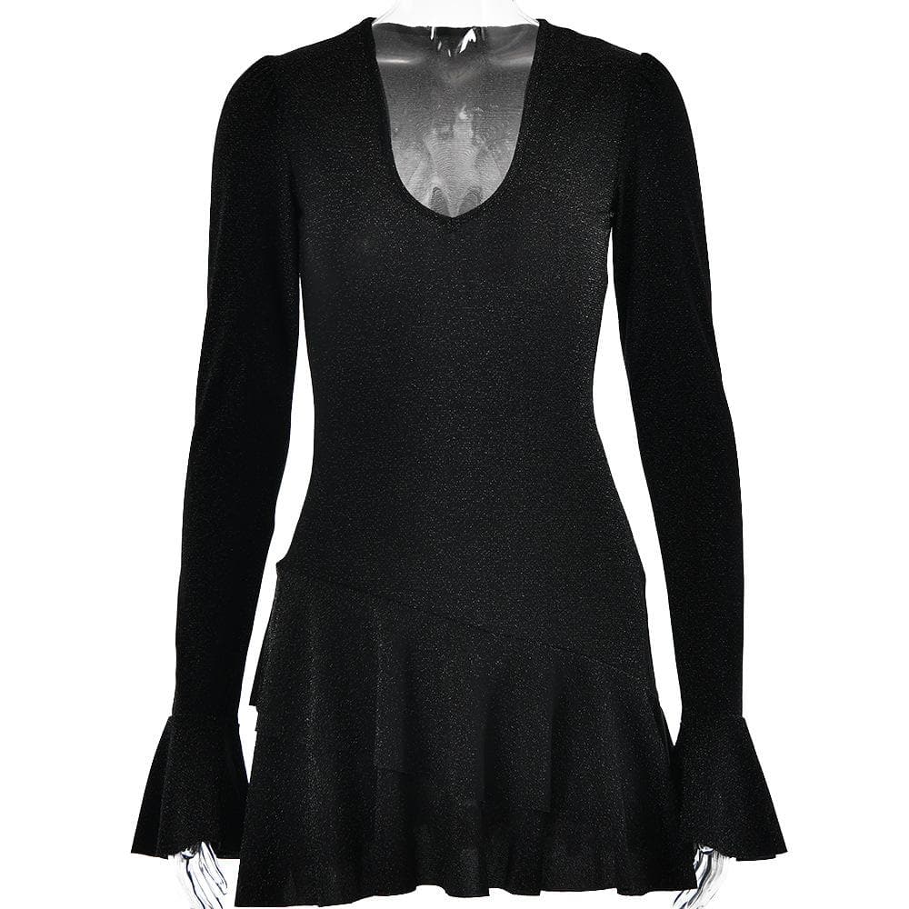 Glitter Deep V Bell Sleeve Tiered Ruffle Hem Mini Dress 3