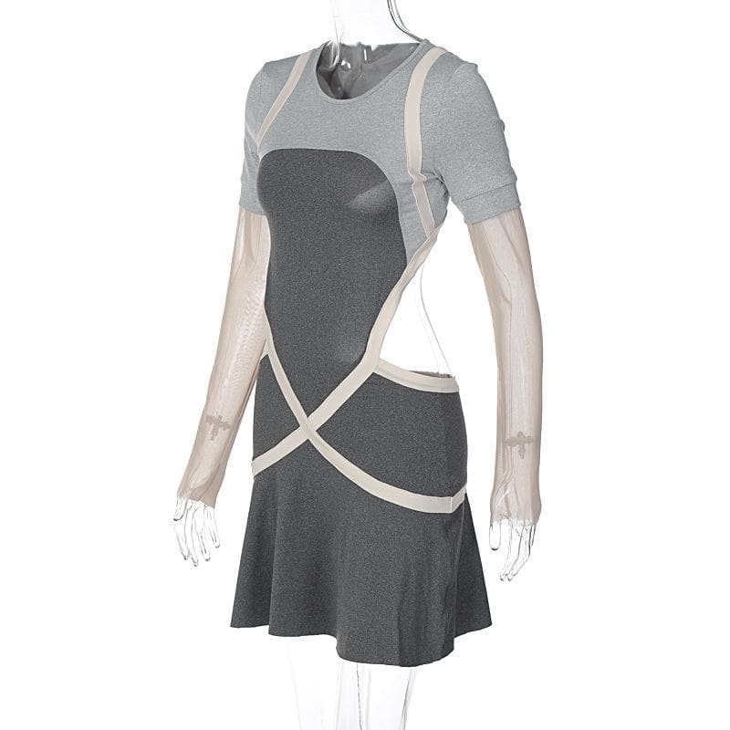 Mesh Long Sleeve Contrast Cross Front Hollow Out Mini Dress 7