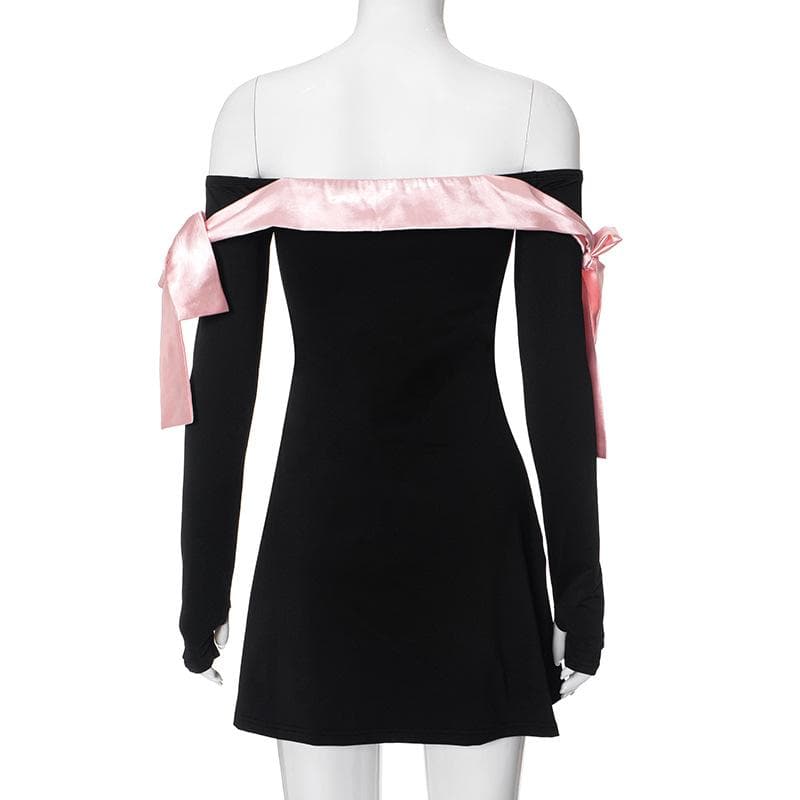 Off Shoulder Satin Ribbon Bow Thumbhole Long Sleeve Mini Dress 6