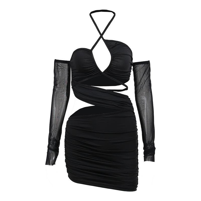 Ruched Cross Front Halter Hollow Out Long Sleeve Mesh Mini Dress Set