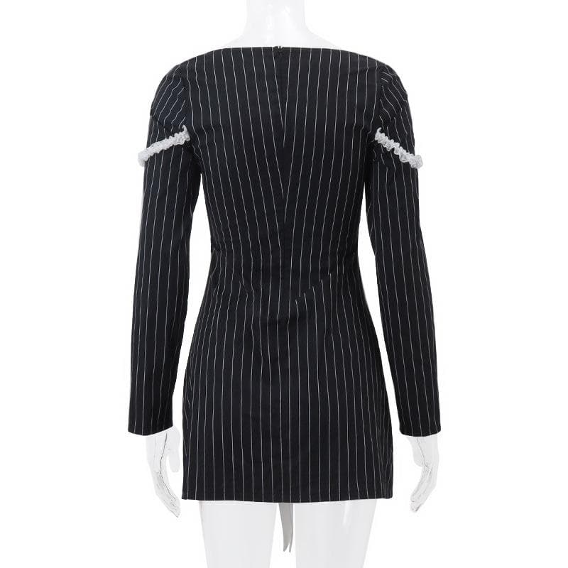 Square Neck Pinstripe Lace Trim Oversized Bow Long Sleeve Mini Dress 4