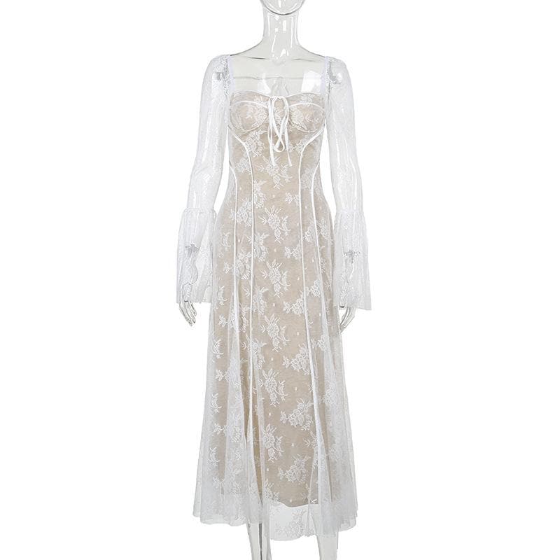 Square Neck Corset Lace Long Sleeve Bell Cuff Paneled Maxi Dress 3