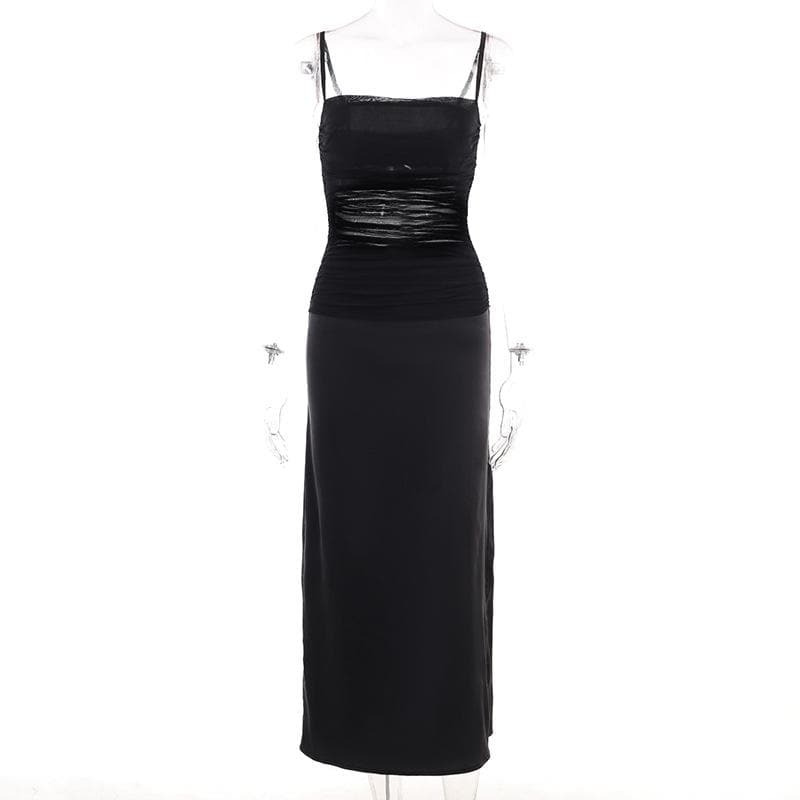 Square Neck Ruched Mesh Satin Panel Maxi Dress 2