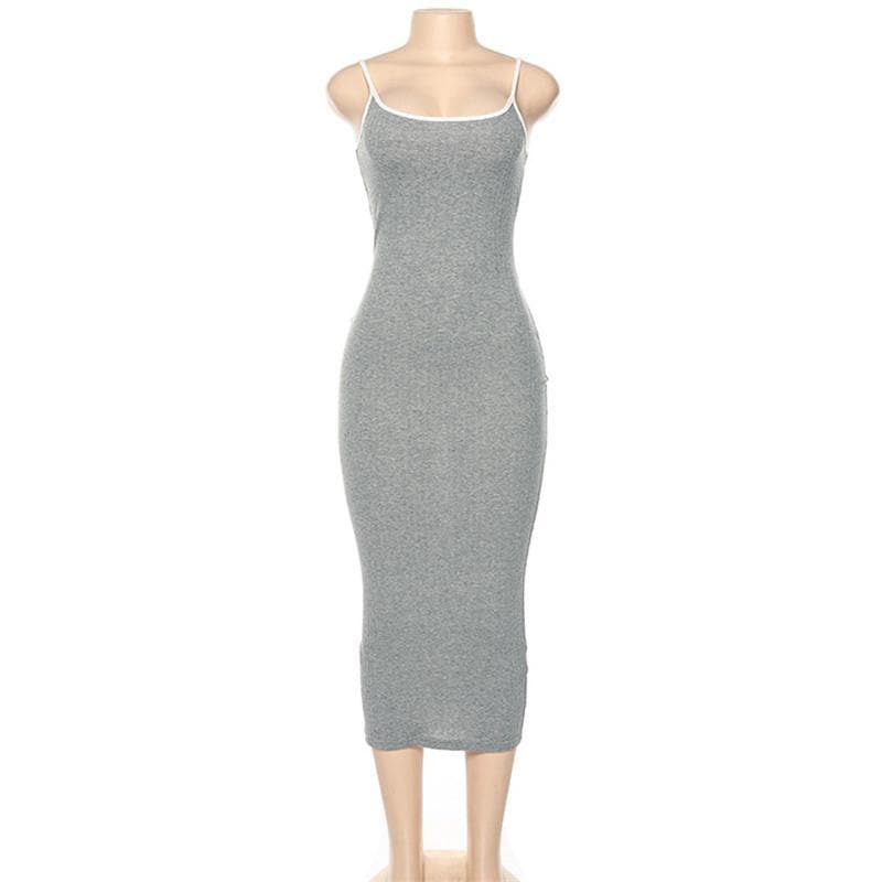 Ribbed Scoop Neck Contrast Trim Spaghetti Strap Midi Dress 7