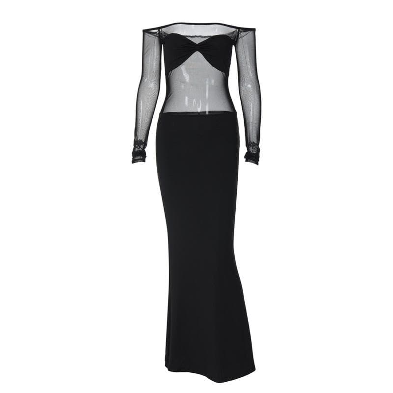 Off Shoulder Mesh Panel Ruched Slit Maxi Dress