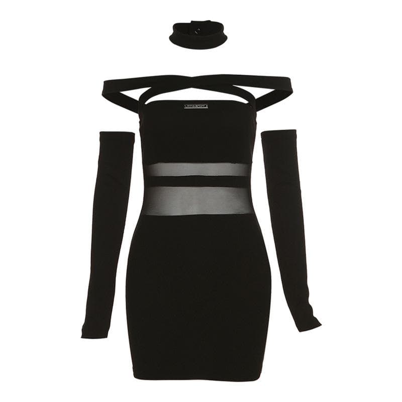 Off Shoulder Cross Strap Mesh Panel Logo Plate Glove Sleeve Mini Dress