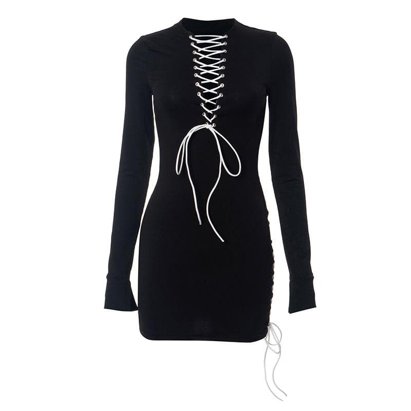 Crew Neck Lace-Up Contrast Panel Long Sleeve Mini Dress
