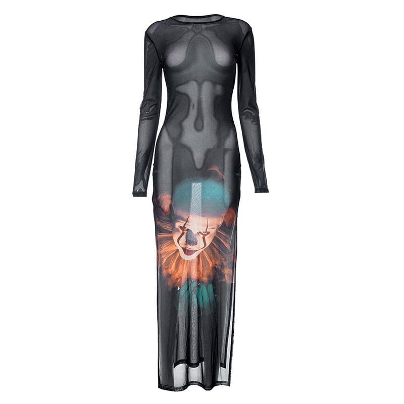 Pennywise Clown Graphic Print Sheer Mesh Long Sleeve Crew Neck Maxi Dress 2