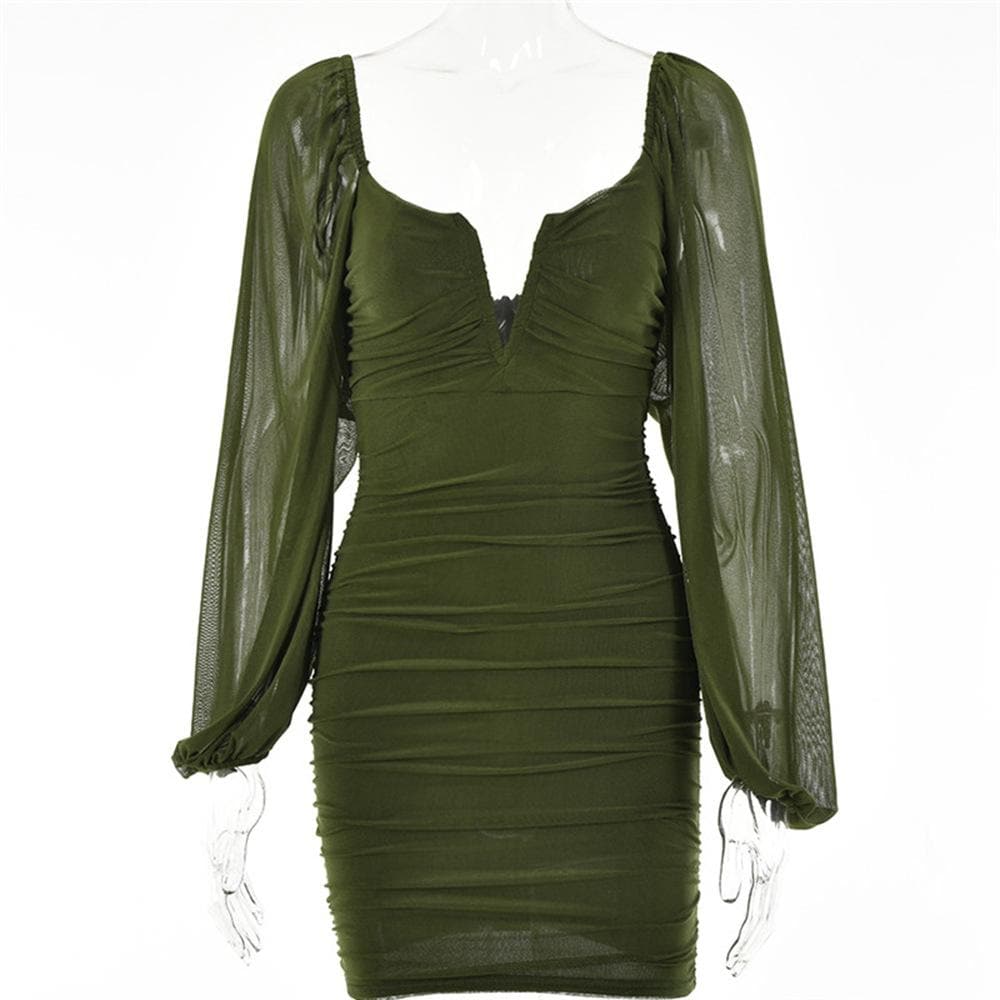 Strapless V-Notch Off Shoulder Puff Sleeve Ruched Mesh Mini Dress 17