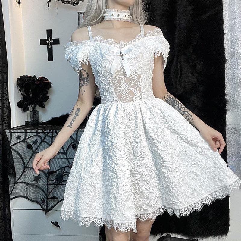 Hollow Out Off Shoulder Short Sleeve Crucifix Applique Bowknot Lace Hem Mini Dress 2