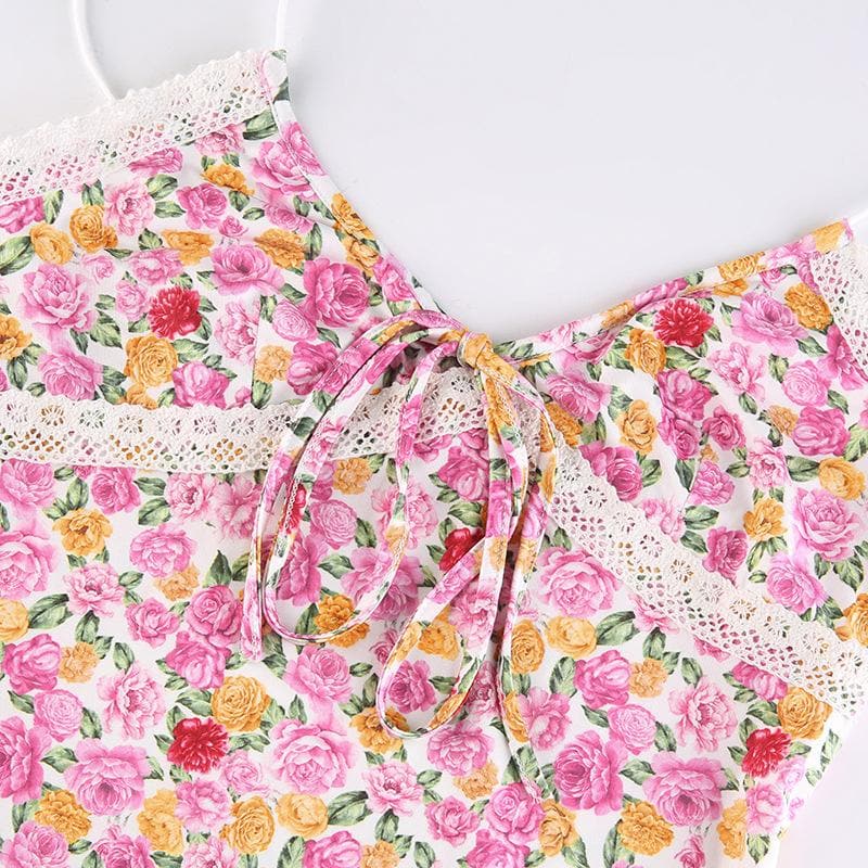 Floral Print V Neck Keyhole Tie Lace Trim Spaghetti Strap Cami Maxi Dress 4
