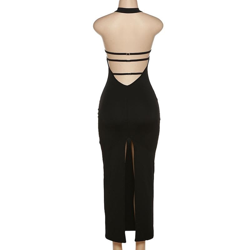 Halter Back Buckle Strap Open Back High Slit Bodycon Maxi Dress 4