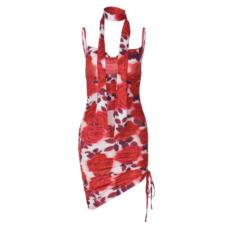 Floral Print Ruched Drawstring Side Spaghetti Strap Midi Dress 2