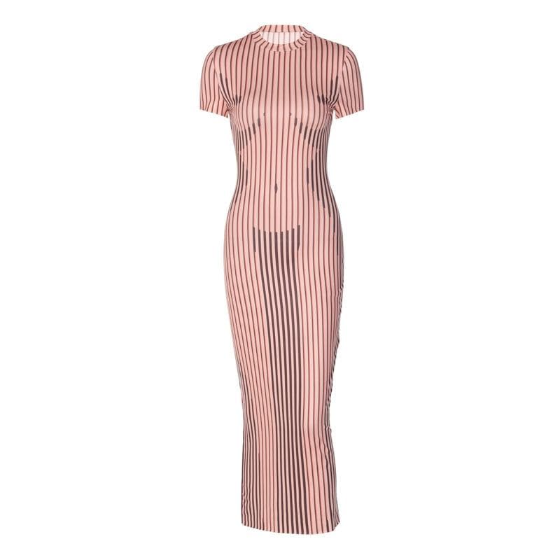 Optical Illusion Body Map Stripe Contrast Crew Neck Cap Sleeve Maxi Dress 3