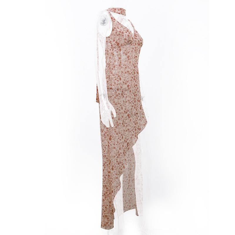 Sweetheart Neck Wide Strap Ditsy Floral Print Side Slit Maxi Dress 4