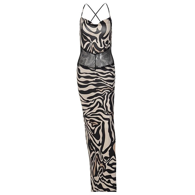 Square Neck Spaghetti Strap Lace Waistband Zebra Print Side Slit Maxi Dress 2