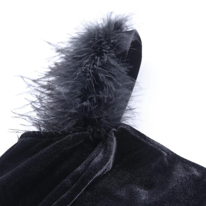 Square Neck Faux Fur Strap Side Slit Velvet Zip Up Midi Dress 5