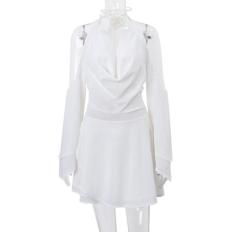 Cowl Neck Halter Cutout Bell Sleeve Zip Front Mini Dress 4