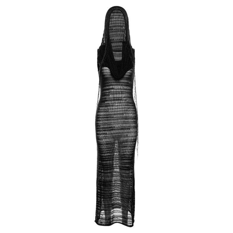 Hooded Sheer Mesh Ribbed Knit Scarf Neck Sleeveless Maxi Dress 3
