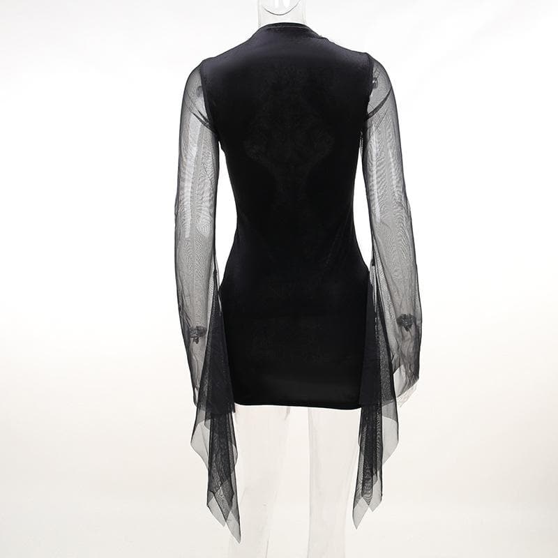 Velvet Flocked Mesh Mock Neck Bell Sleeve Gothic Mini Dress 5