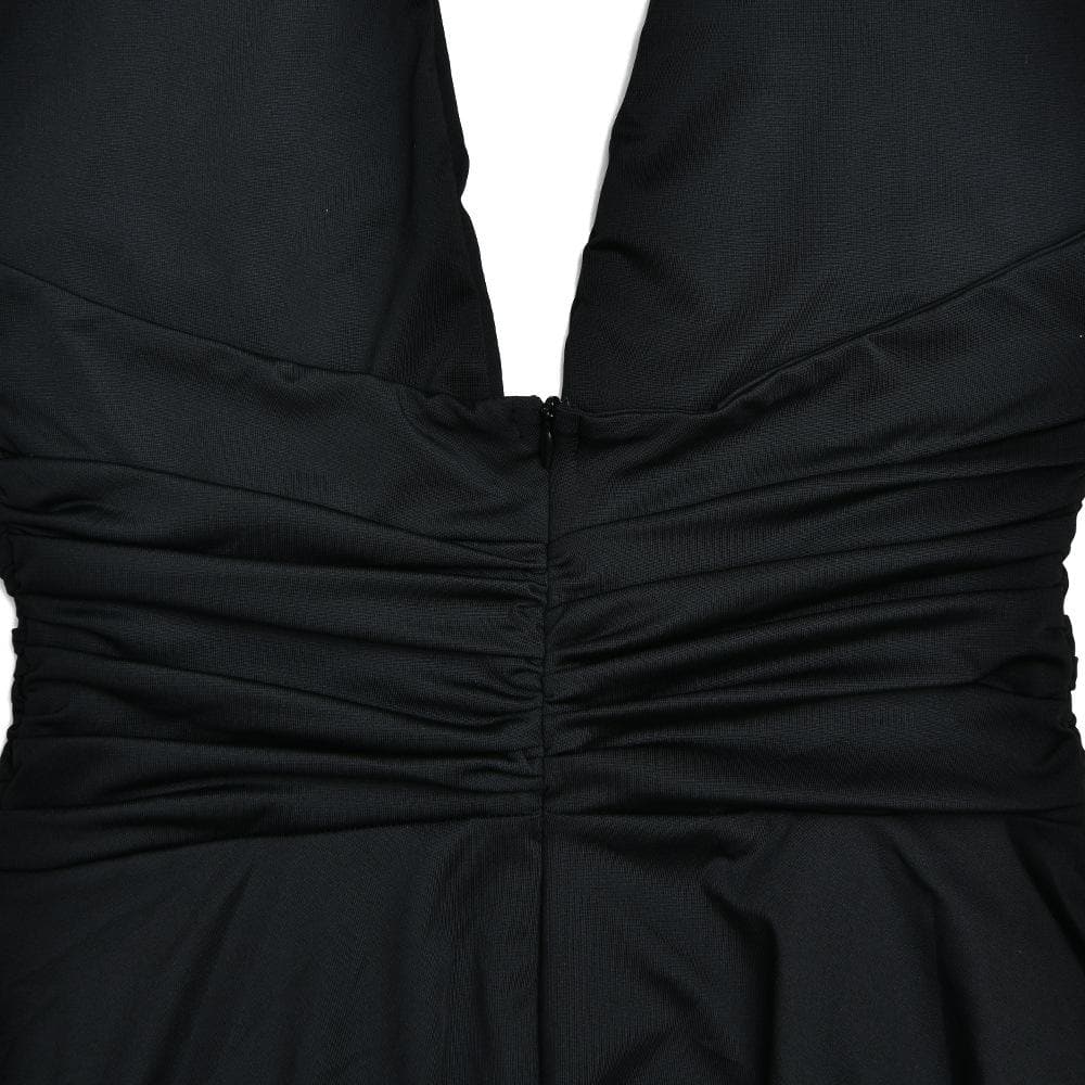 Halter O-Ring Plunge V-Neck Ring Waist Asymmetric Hem Midi Dress 6