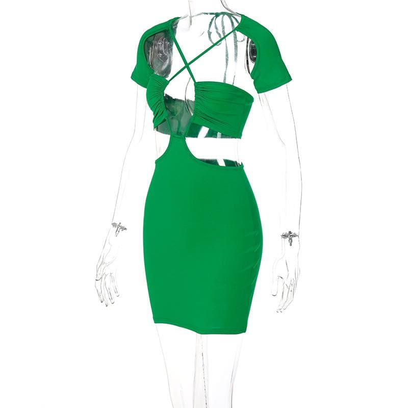 Ruched Bust Crisscross Halter Cutout Waist Flared Sleeve Bodycon Mini Dress 7