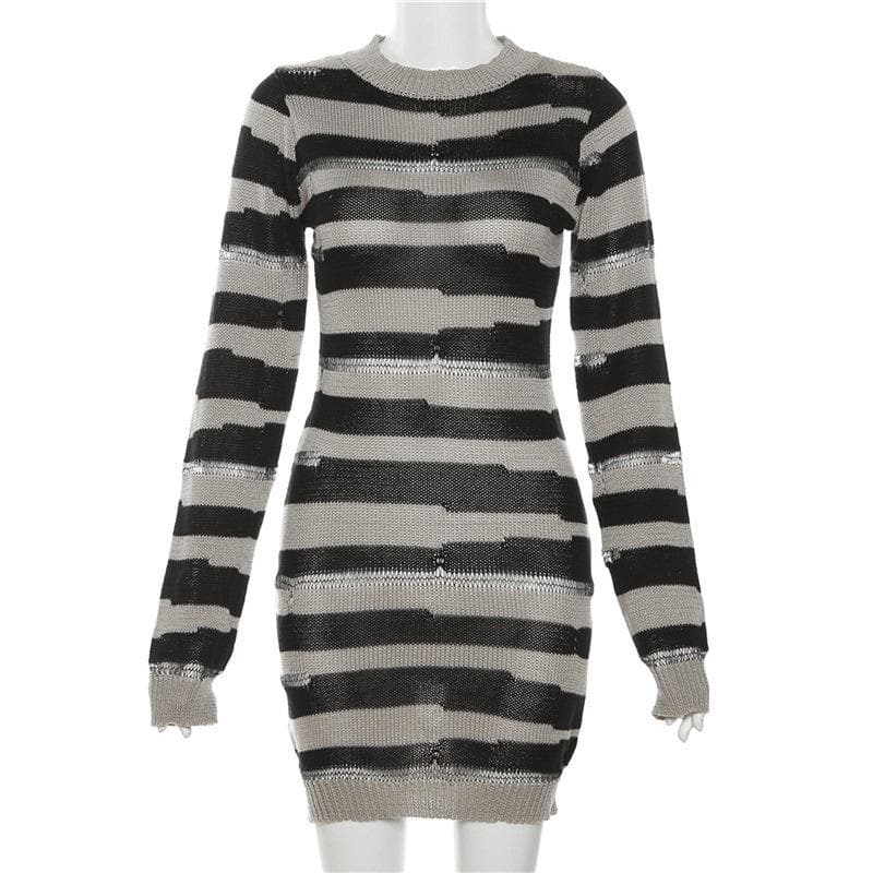 Crew Neck Distressed Open Knit Glitch Stripe Rib Knit Mini Dress 3