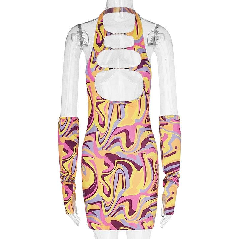 Halter Neck Triple Chest Cutout Marble Print Arm Warmer Mini Dress Set
