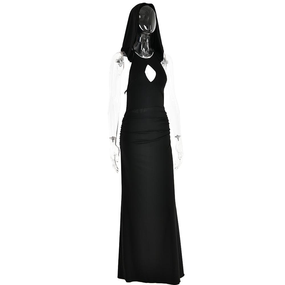 Hooded Halter Keyhole Sleeveless Ruched Hip Maxi Dress 3