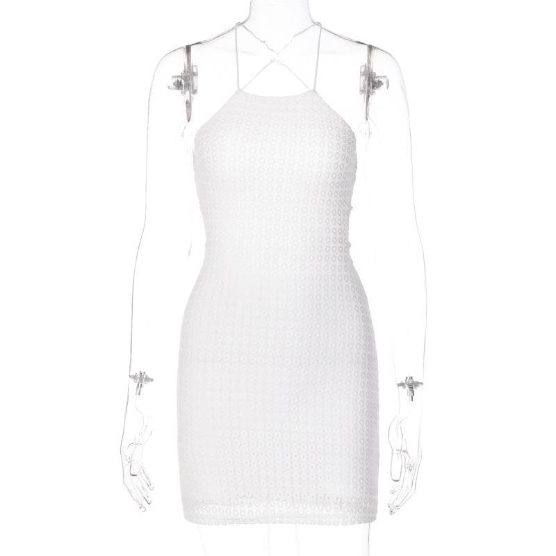 Textured Eyelet Cross Back Lace Up Backless Mini Dress 8