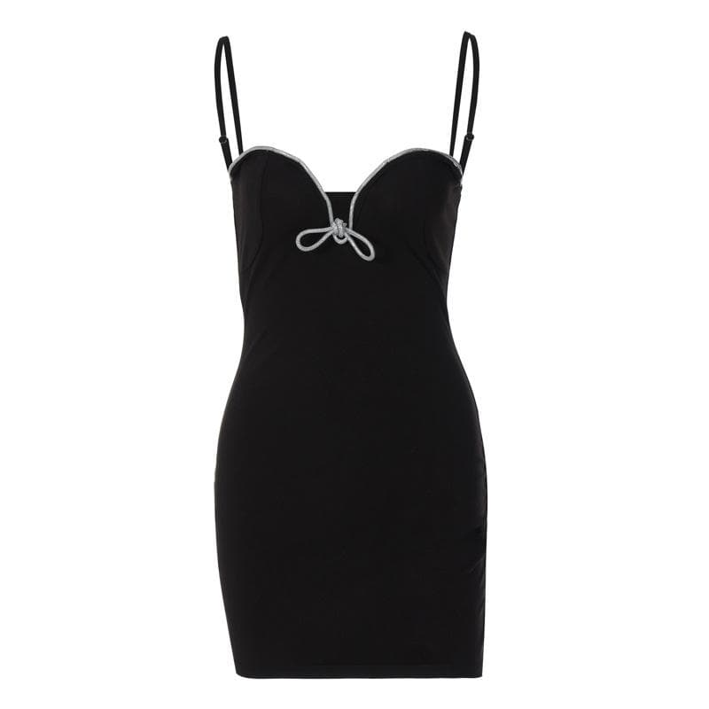 Rhinestone Trim Sweetheart Cutout Spaghetti Strap Backless Cami Mini Dress